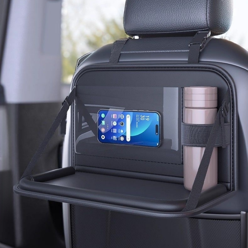 Tablet And Accessories Bag - 車用シートバックオーガナイザー 折りたたみ式テーブルトレイ PUレザー タッチスクリーンポケット付き スマホ・タブレットホルダー 耐熱カップホルダー